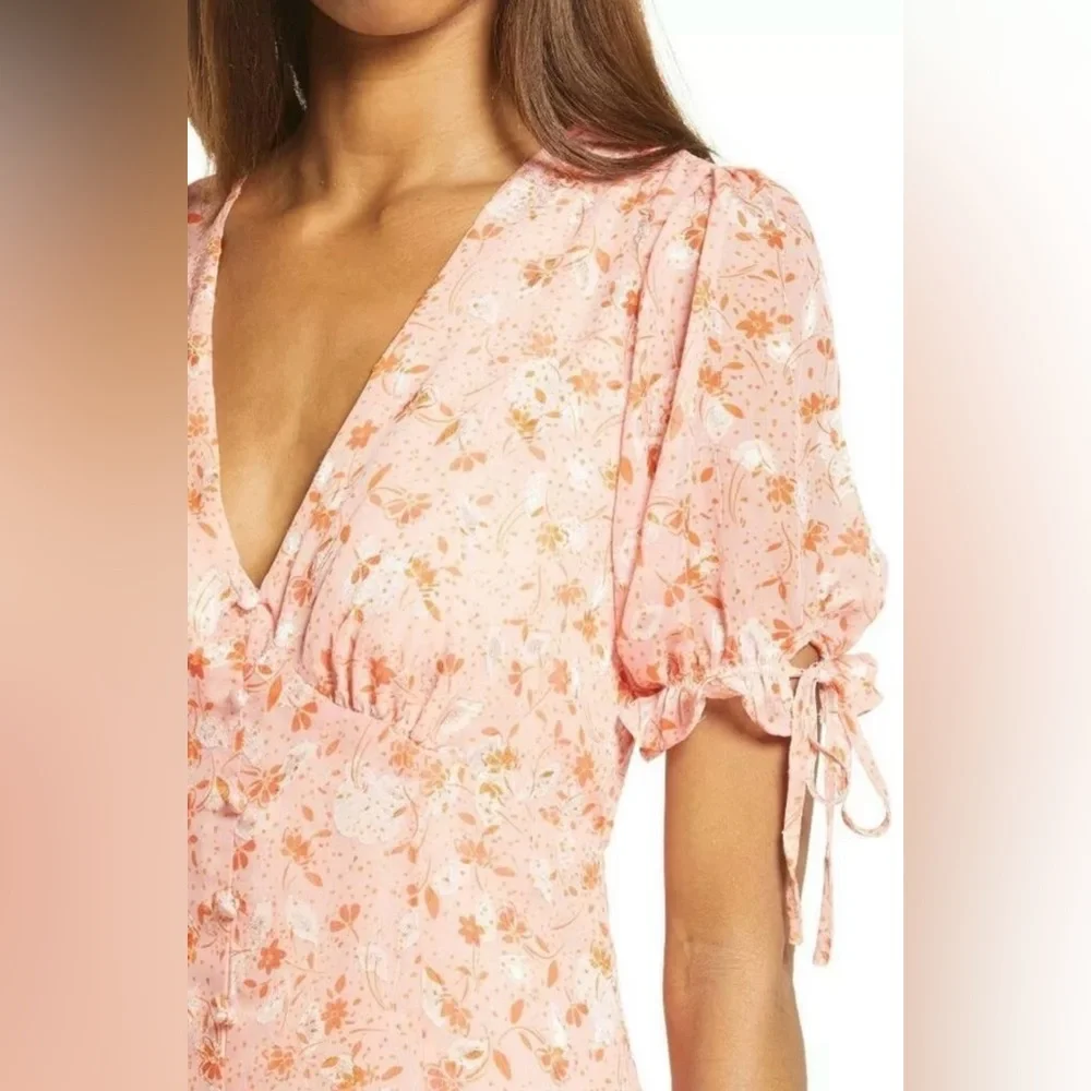Chelsea 28 Prairie Coral Floral Tie Sleeve Ruffle Hem Midi Dress Size L(12/14)⭐️ - Picture 4 of 15